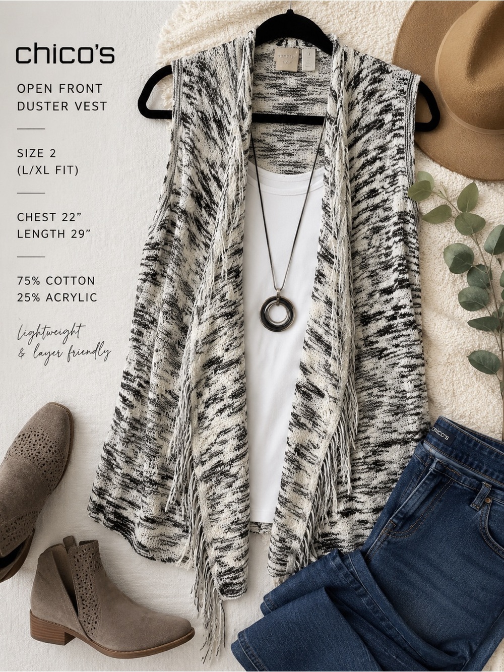 Chico’s Open Front Duster Vest Cardigan Size 2 Brown White Knit Marked Sweater